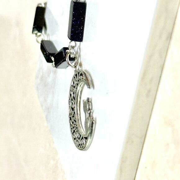 Dark Blue Goldstone Short Necklace w/ Silver Cat on the Moon Pendant - Picture 6 of 14